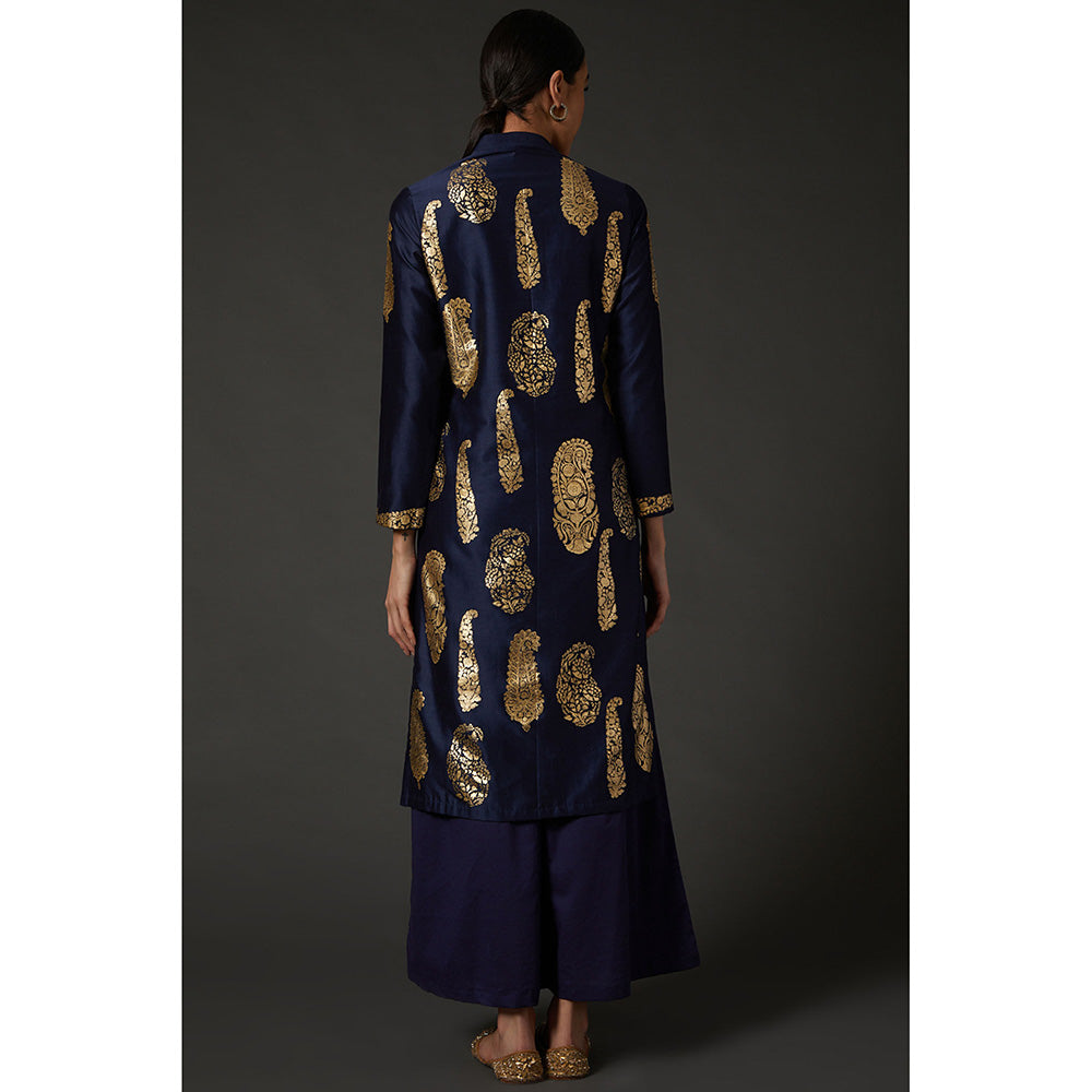 Rohit Bal Indigo Blue & Gold Paisley Block Printed Kurta & Palazzo (Set of 2)