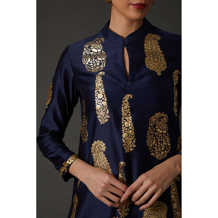 Rohit Bal Indigo Blue & Gold Paisley Block Printed Kurta & Palazzo (Set of 2)