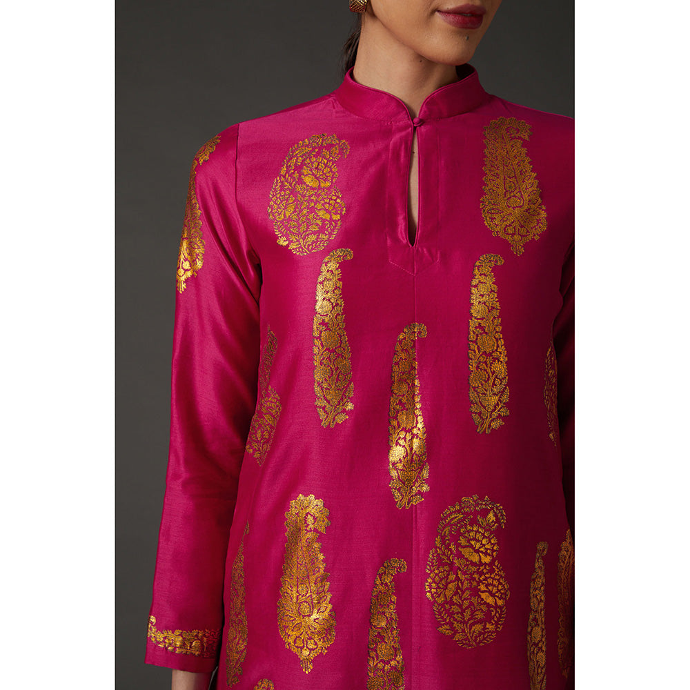 Rohit Bal Fuchsia Pink & Gold Paisley Block Printed Kurta & Palazzo (Set of 2)