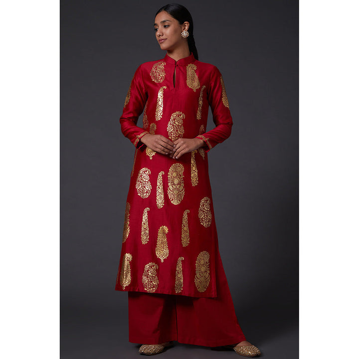 Rohit Bal Red & Gold Paisley Block Printed Kurta with Pants (Set of 2)