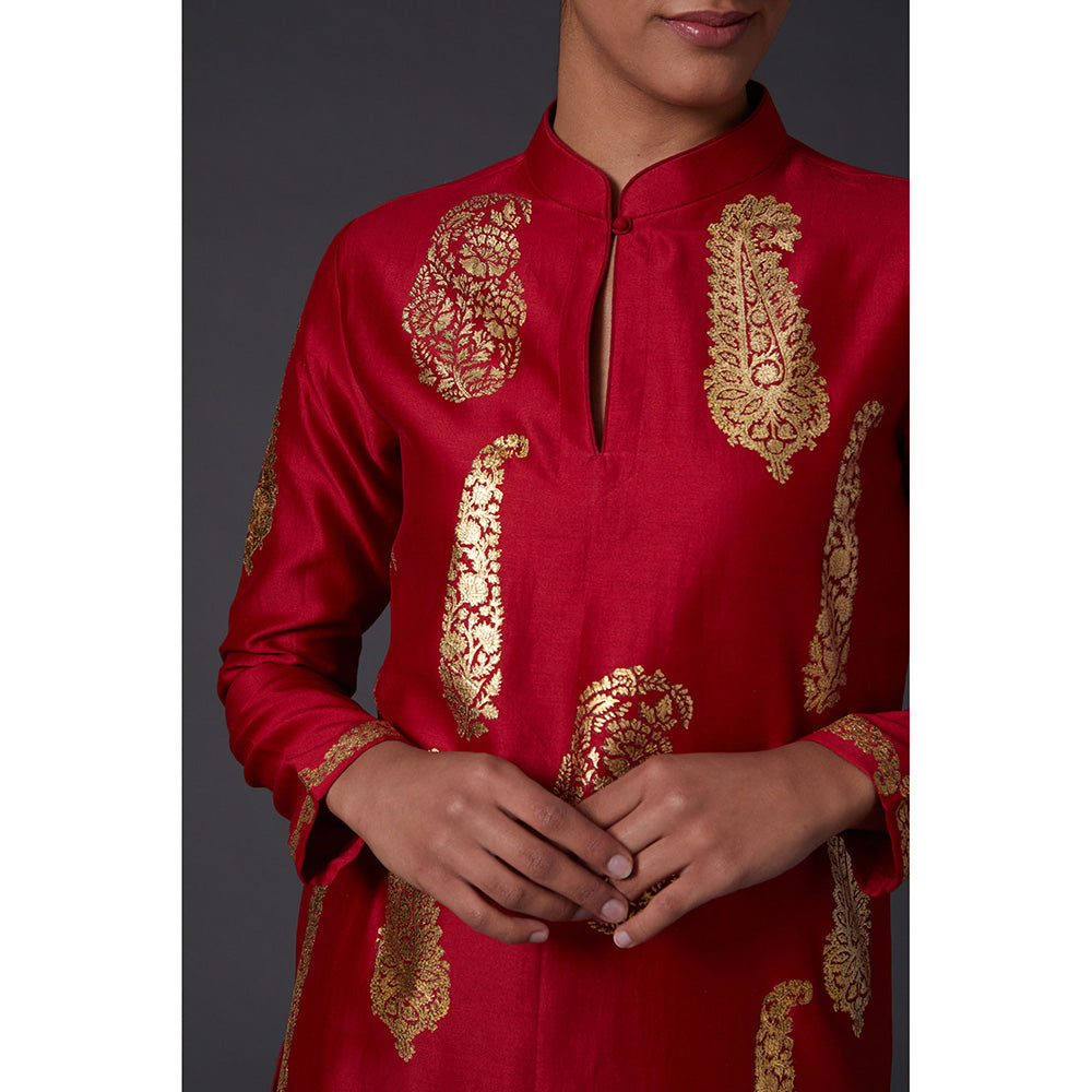 Rohit Bal Red & Gold Paisley Block Printed Kurta with Pants (Set of 2)