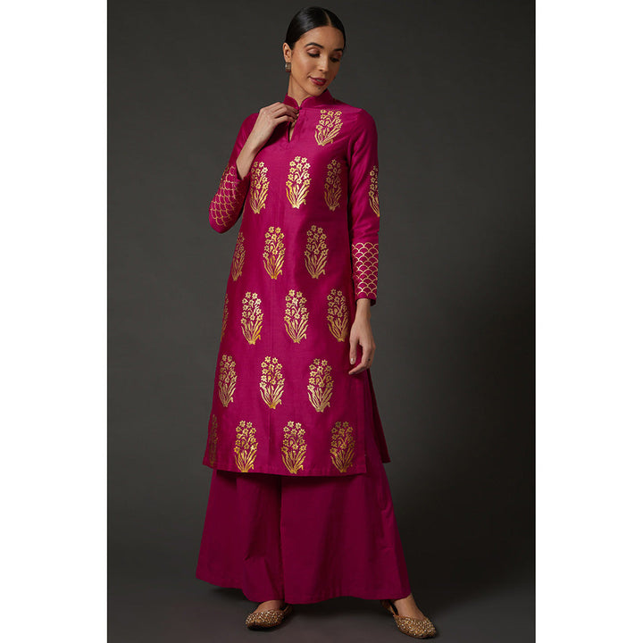 Rohit Bal Fuchsia Pink & Gold Block Printed Kurta & Palazzo (Set of 2)