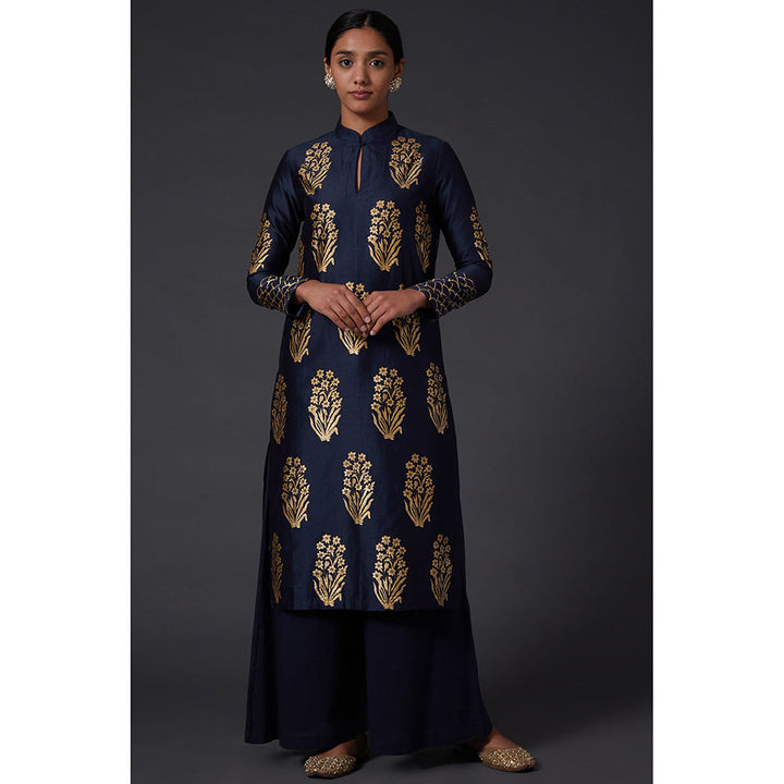 Rohit Bal Indigo Blue & Gold Block Printed Kurta & Palazzo (Set of 2)