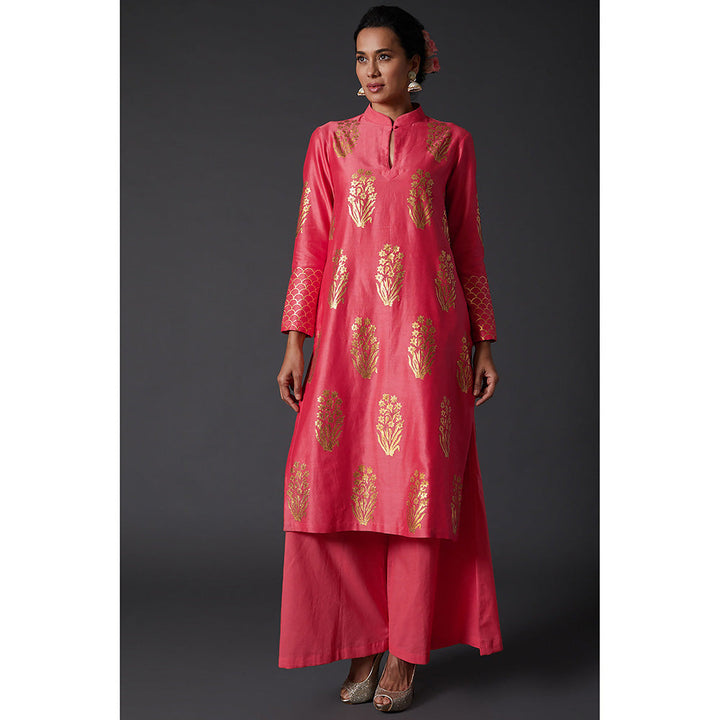 Rohit Bal Coral Pink & Gold Block Printed Kurta & Palazzo (Set of 2)