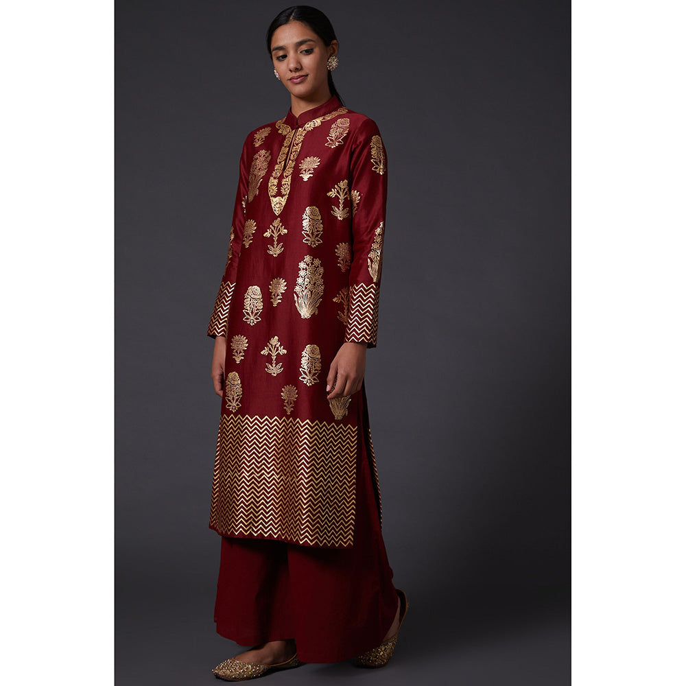 Rohit Bal Maroon & Gold Block Printed Kurta & Palazzo (Set of 2)