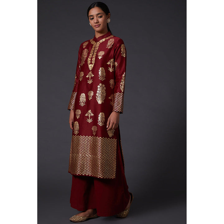 Rohit Bal Maroon & Gold Block Printed Kurta & Palazzo (Set of 2)