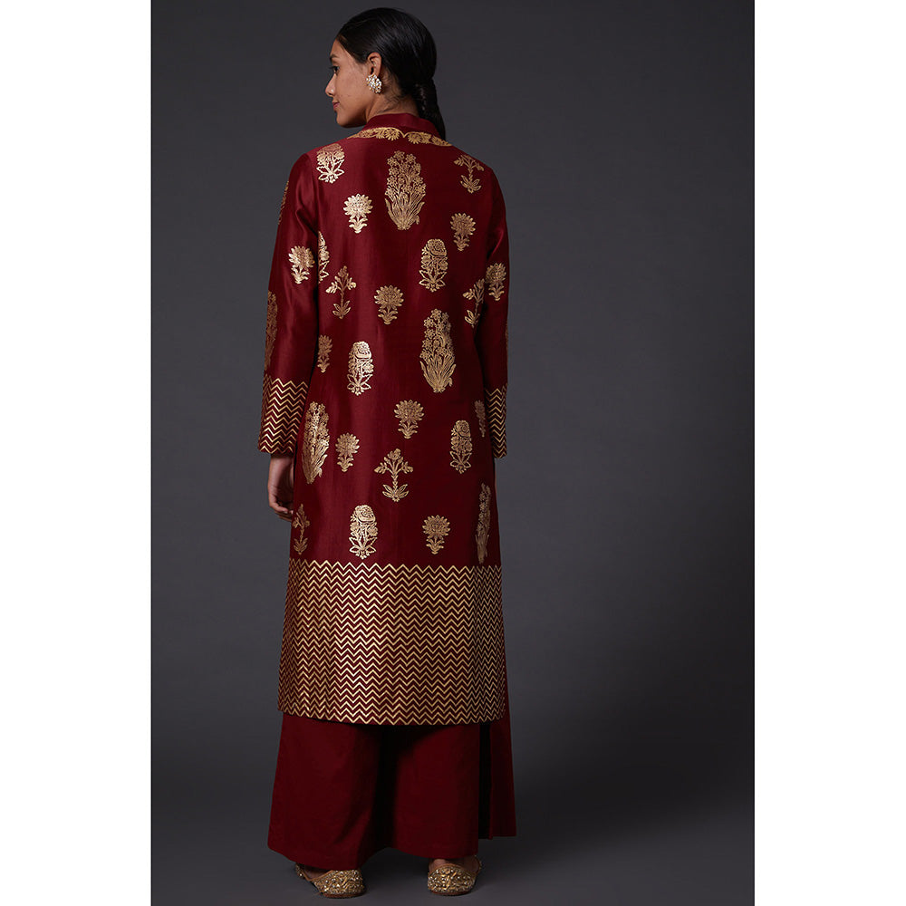 Rohit Bal Maroon & Gold Block Printed Kurta & Palazzo (Set of 2)