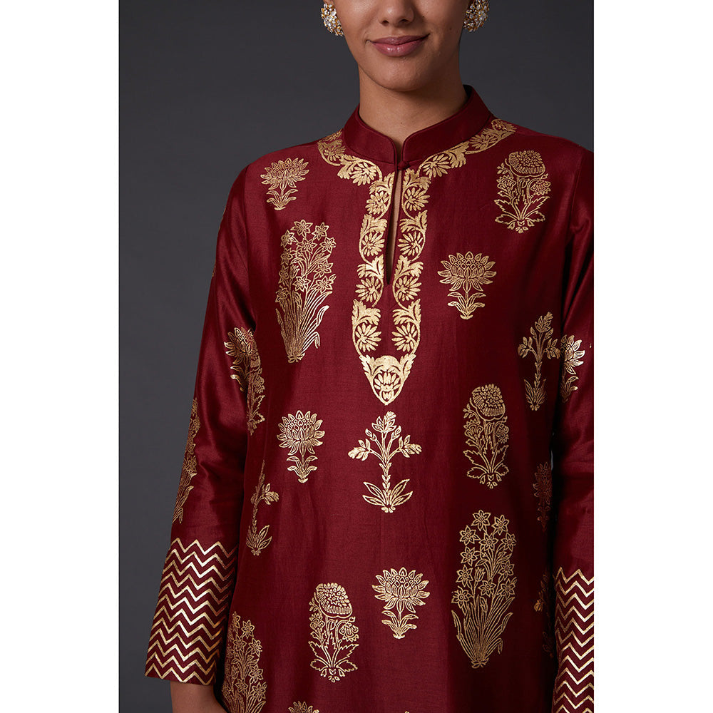 Rohit Bal Maroon & Gold Block Printed Kurta & Palazzo (Set of 2)