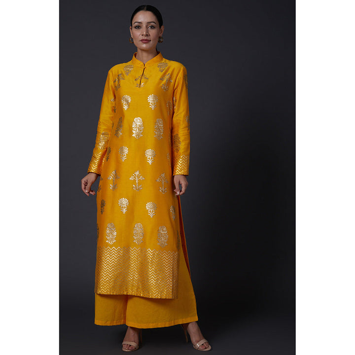 Rohit Bal Yellow & Gold Block Printed Kurta with Pants (Set of 2)