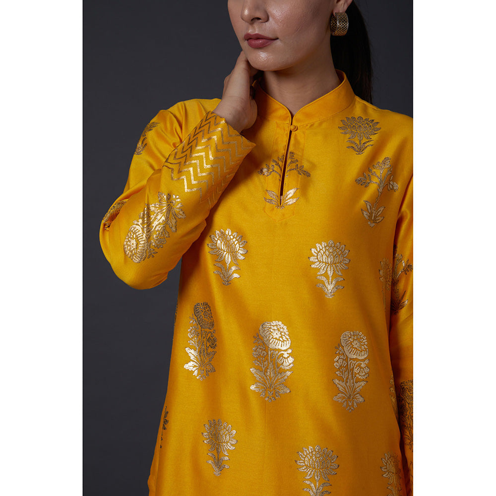 Rohit Bal Yellow & Gold Block Printed Kurta with Pants (Set of 2)