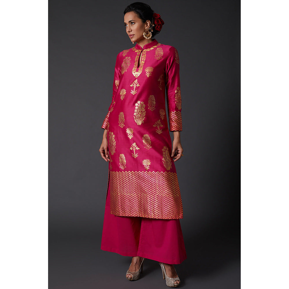 Rohit Bal Fuchsia Pink & Gold Block Printed Kurta & Palazzo (Set of 2)