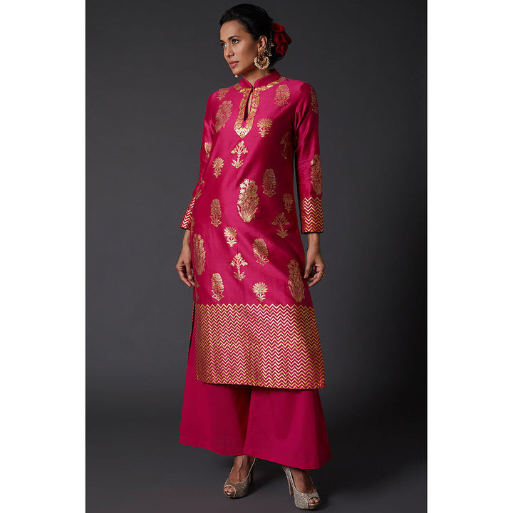 Rohit Bal Fuchsia Pink & Gold Block Printed Kurta & Palazzo (Set of 2)