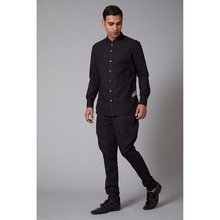 Rohit Bal Black Poplin Cheetah Embroidered Shirt