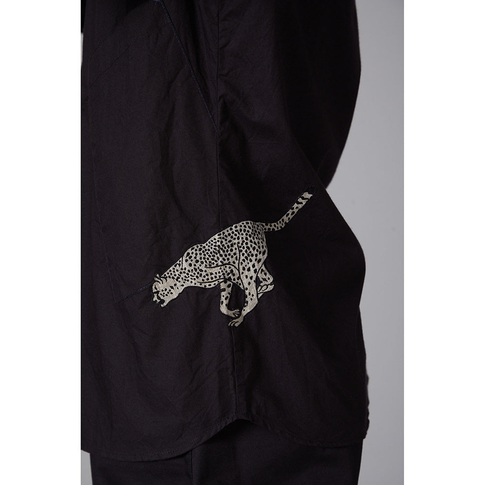 Rohit Bal Black Poplin Cheetah Embroidered Shirt