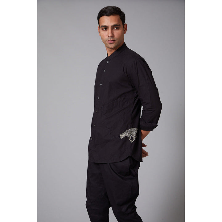 Rohit Bal Black Poplin Cheetah Embroidered Shirt