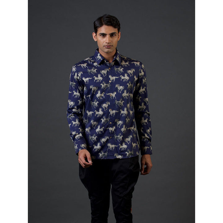 Rohit Bal Blue Running Horses Digital Printed Shirt