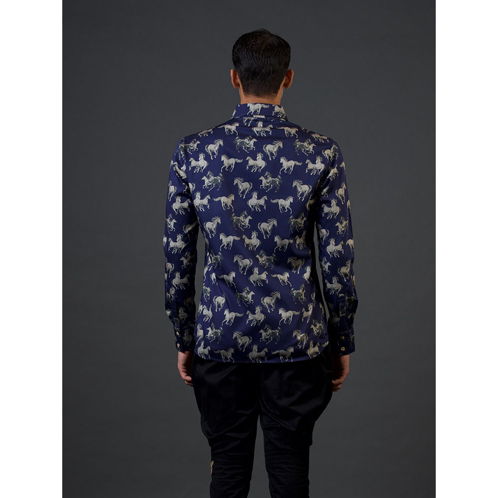 Rohit Bal Blue Running Horses Digital Printed Shirt