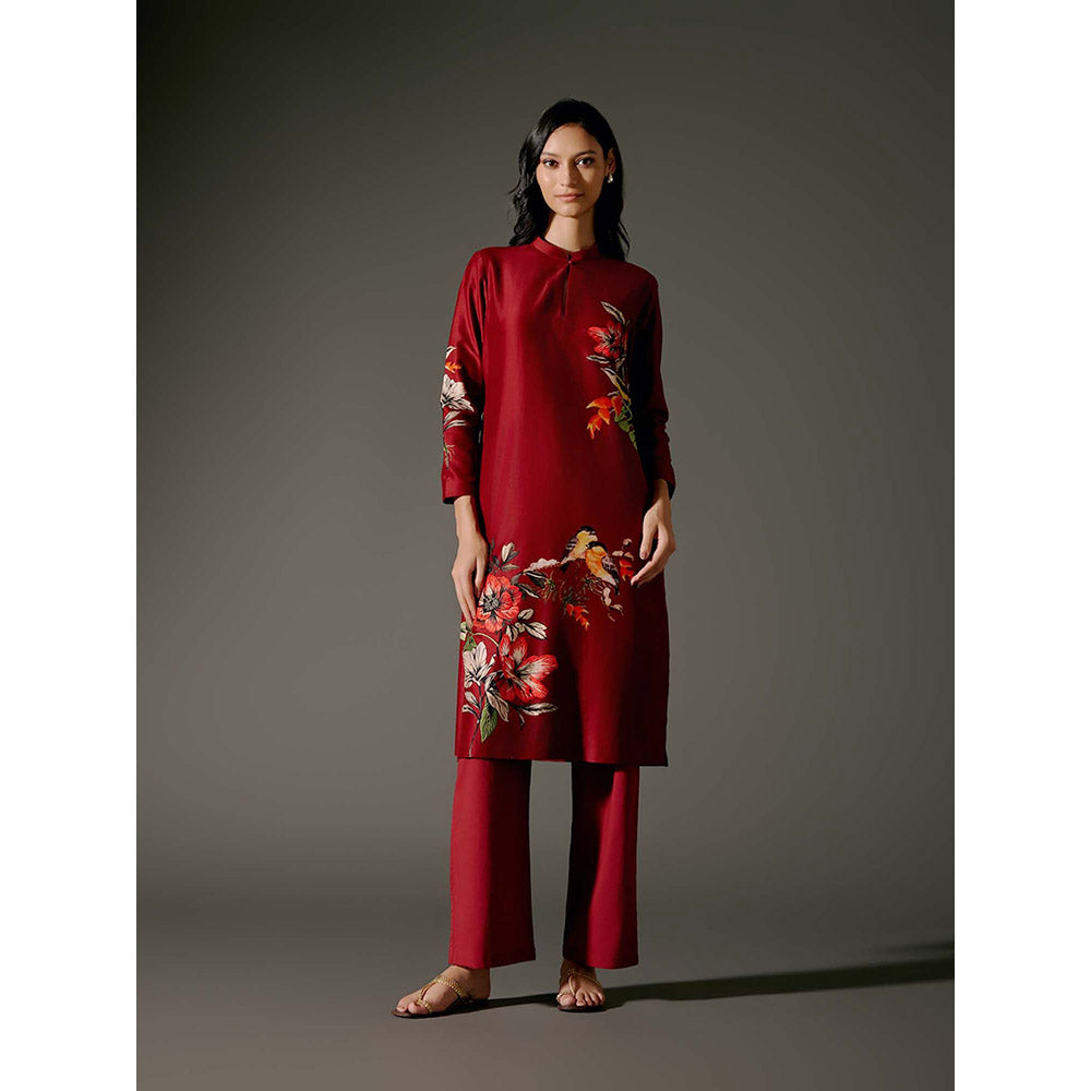 Rohit Bal Red Chanderi Print Kurta with Pant (Set of 2)