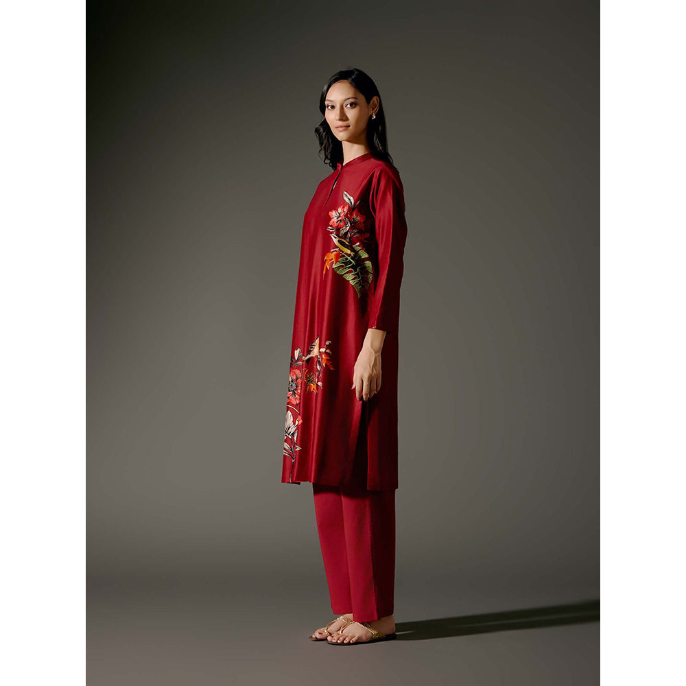 Rohit Bal Red Chanderi Print Kurta with Pant (Set of 2)