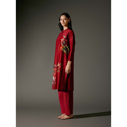 Rohit Bal Red Chanderi Print Kurta with Pant (Set of 2)