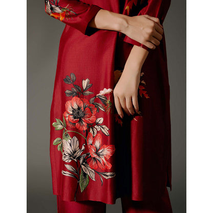 Rohit Bal Red Chanderi Print Kurta with Pant (Set of 2)