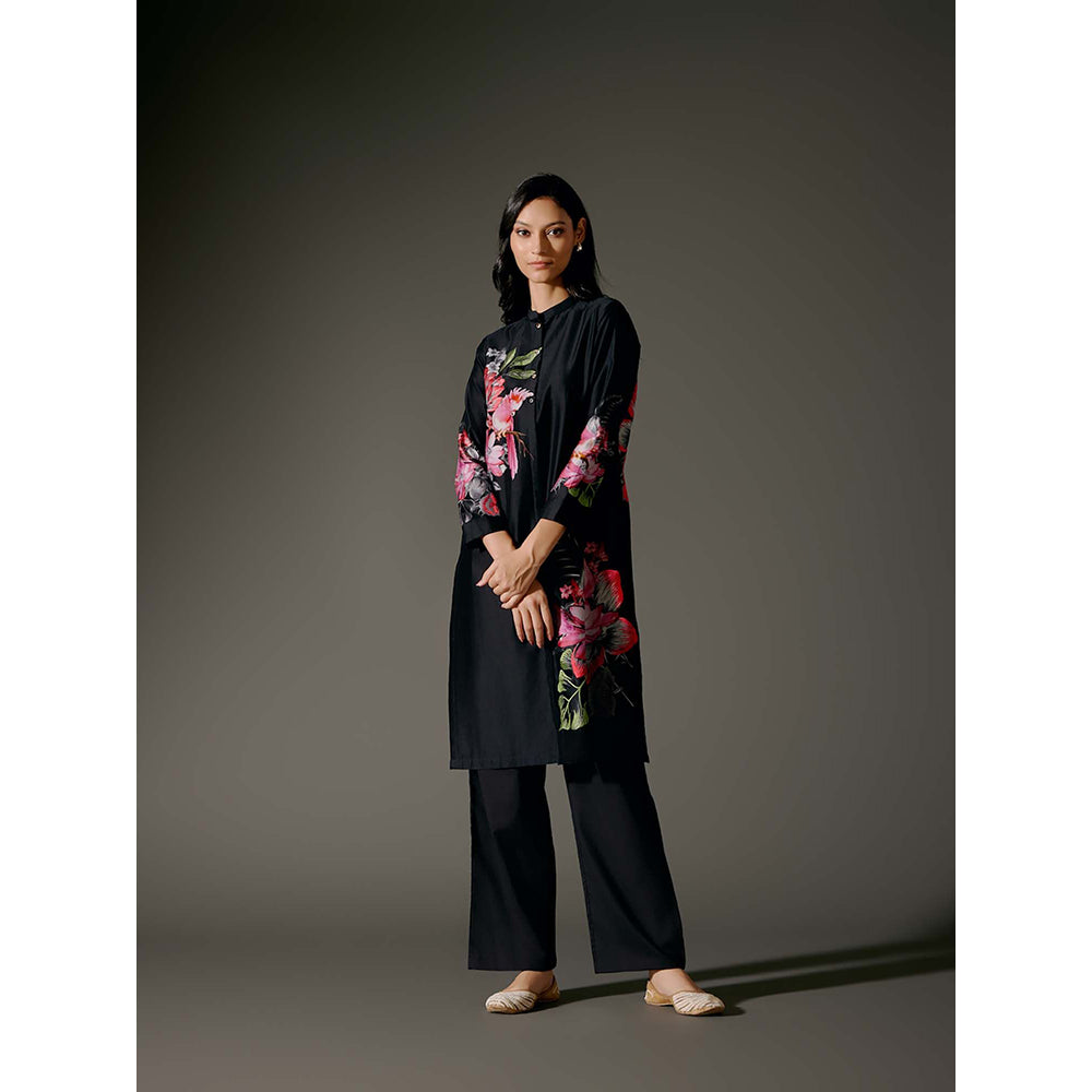 Rohit Bal Black Chanderi Print Kurta with Pant (Set of 2)