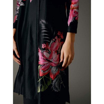 Rohit Bal Black Chanderi Print Kurta with Pant (Set of 2)