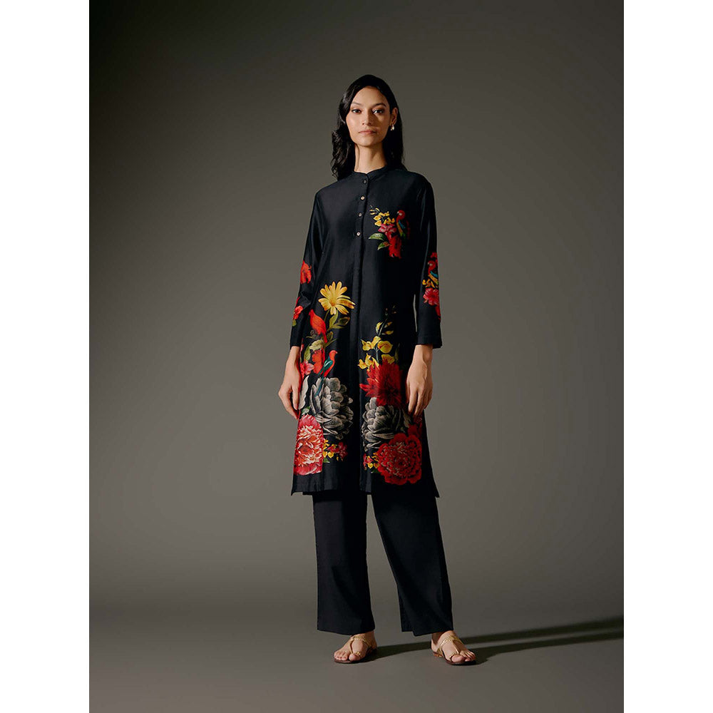 Rohit Bal Black Chanderi Print Kurta with Pant (Set of 2)