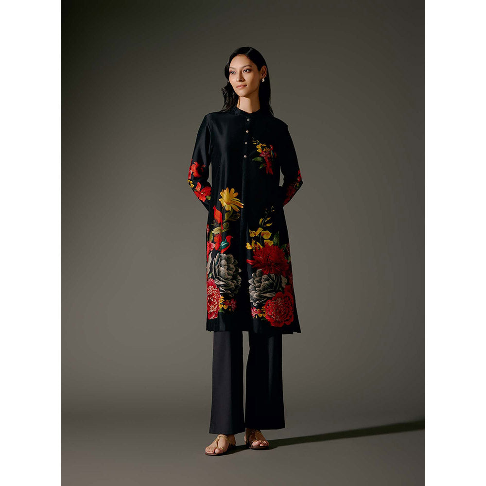 Rohit Bal Black Chanderi Print Kurta with Pant (Set of 2)