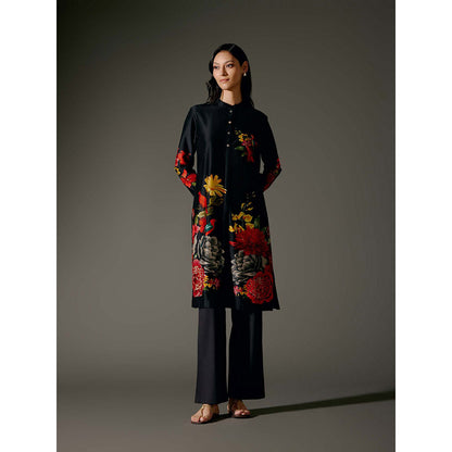 Rohit Bal Black Chanderi Print Kurta with Pant (Set of 2)