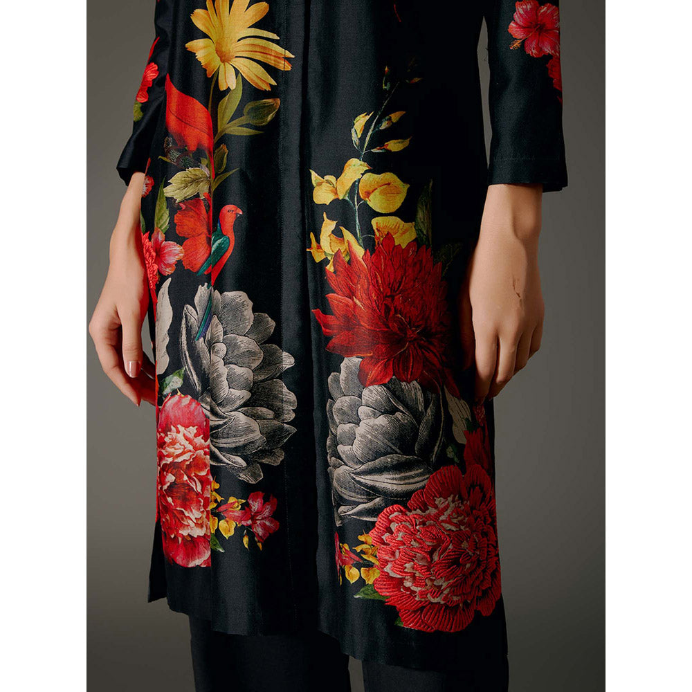 Rohit Bal Black Chanderi Print Kurta with Pant (Set of 2)