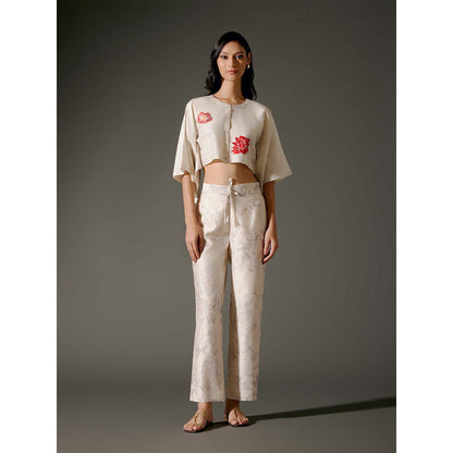 Rohit Bal Beige Chanderi Digital Print Crop Shirt with Pant (Set of 2)