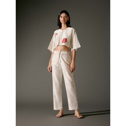 Rohit Bal Beige Chanderi Digital Print Crop Shirt with Pant (Set of 2)