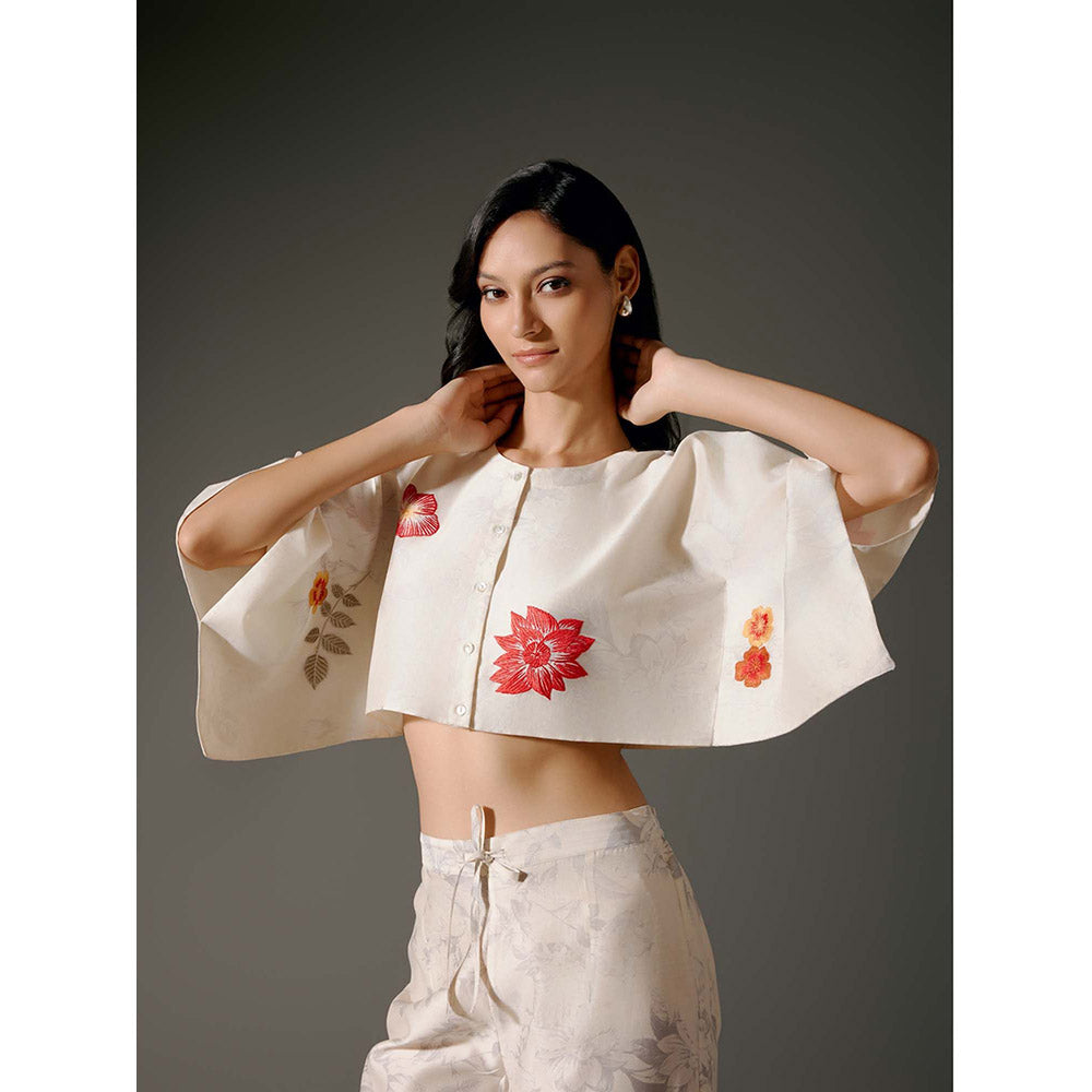 Rohit Bal Beige Chanderi Digital Print Crop Shirt with Pant (Set of 2)