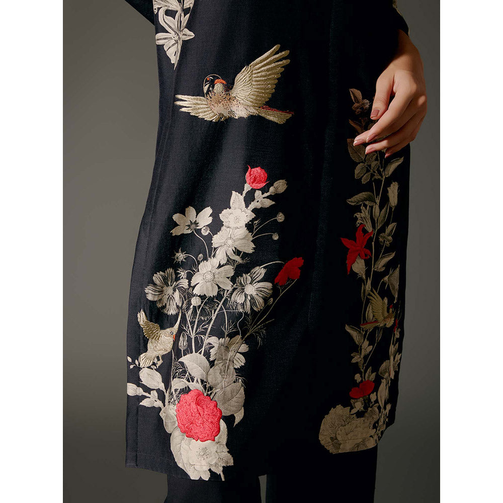 Rohit Bal Black Chanderi Print Kurta with Pant (Set of 2)