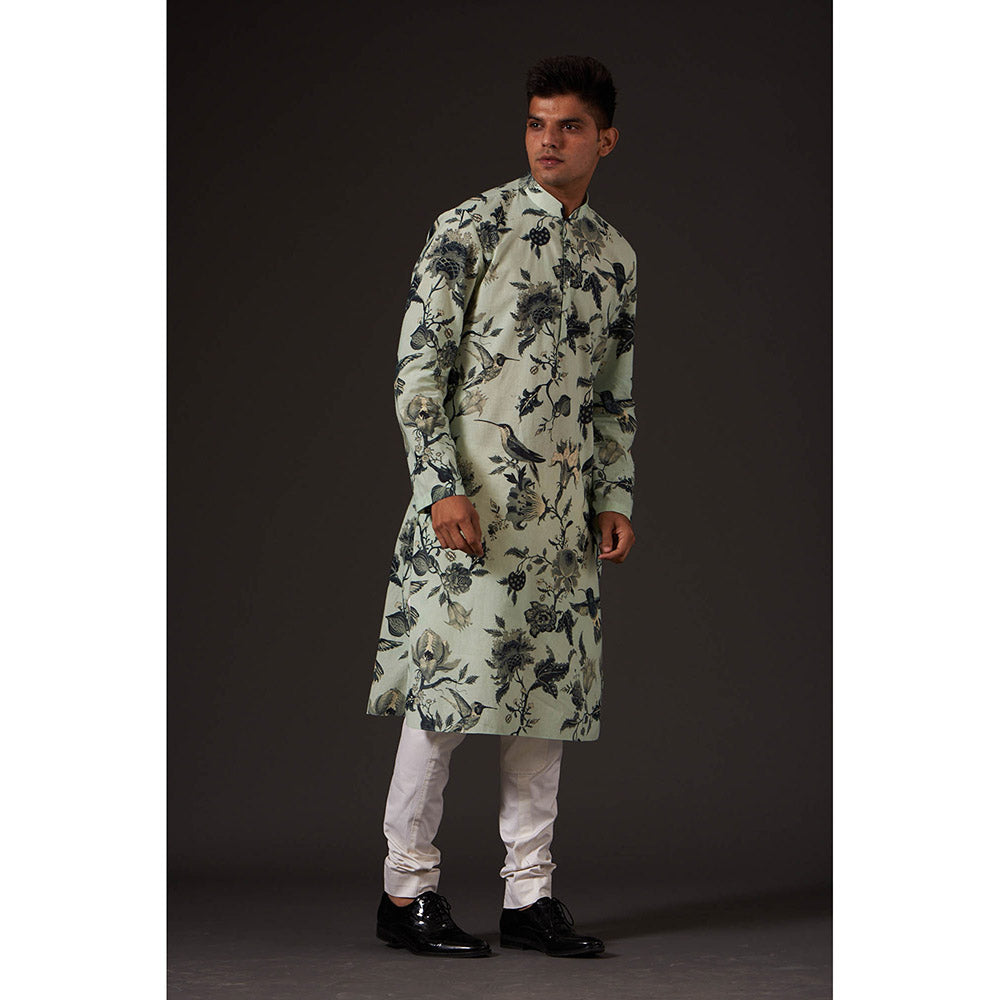 Rohit Bal Sea Green Floral Digital Printed Kurta with Churidar (Set of 2)