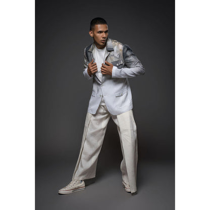 Rohit Bal Grey Men Linen Printed Blazer