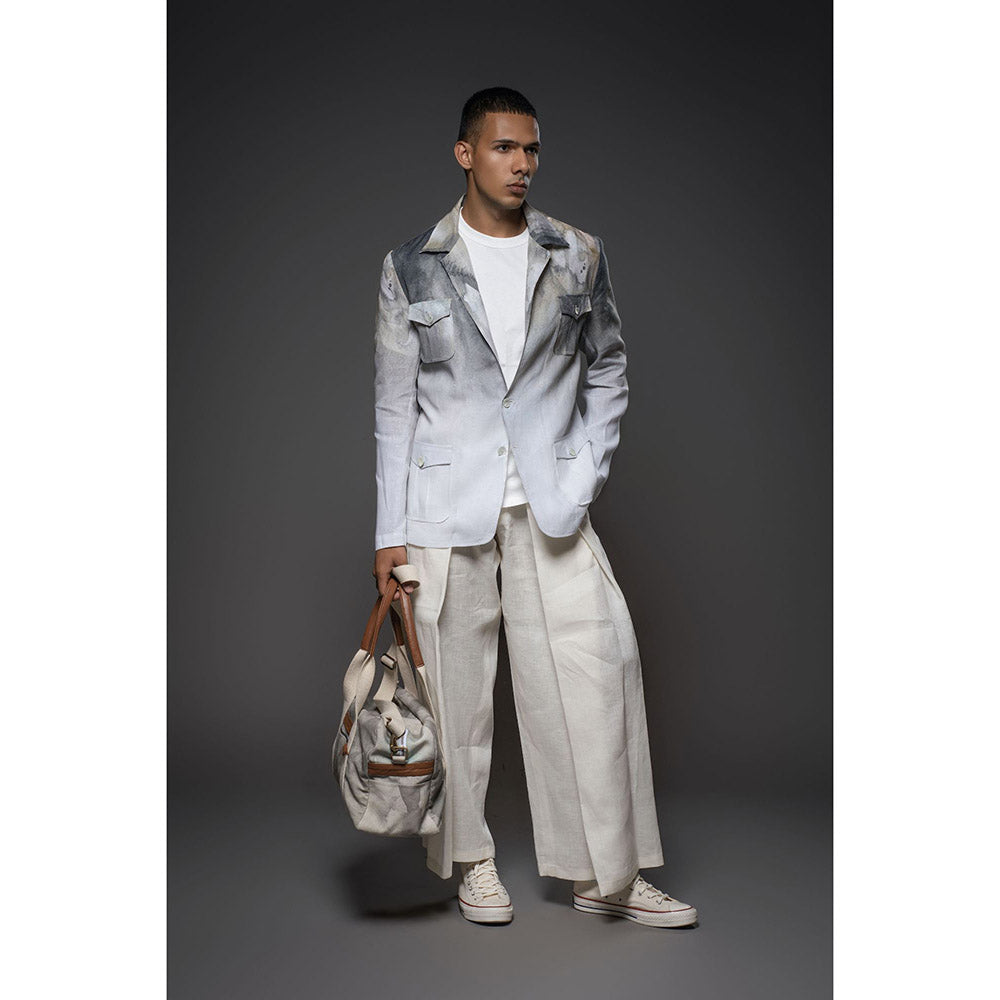 Rohit Bal Grey Men Linen Printed Blazer