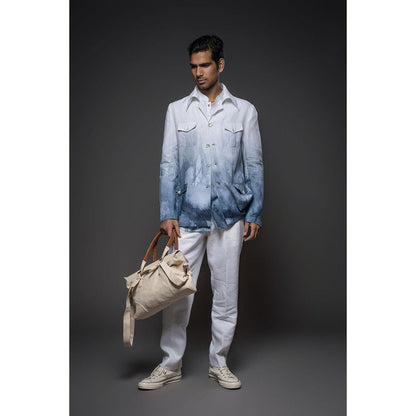 Rohit Bal Blue Men Linen Printed Blazer