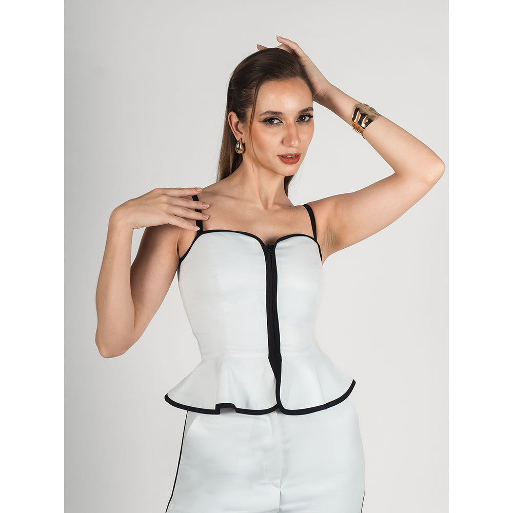 ROSA DAME White Poly-Viscose Peplum Zip Closure Corset Top