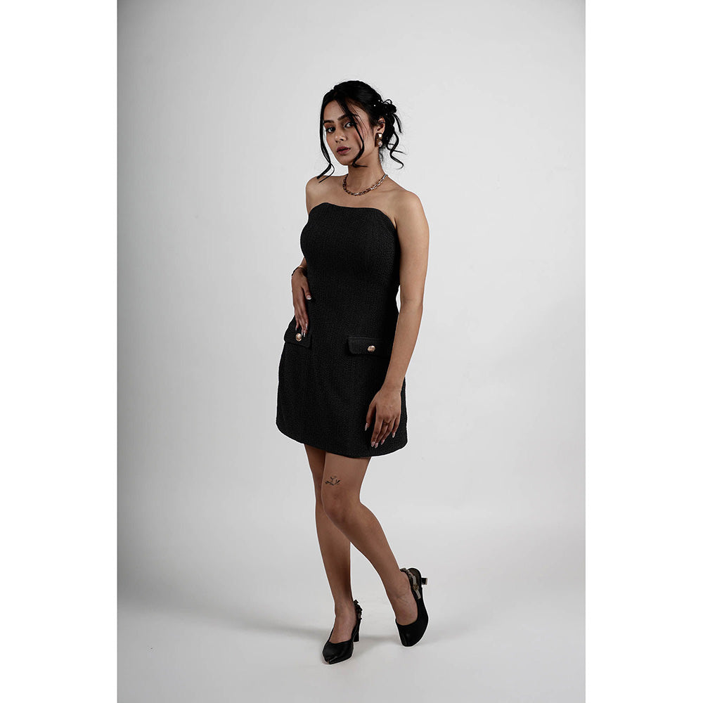 ROSA DAME Racc Black Cey Strapless Mini Dress with Gold Button Pocket Detailing