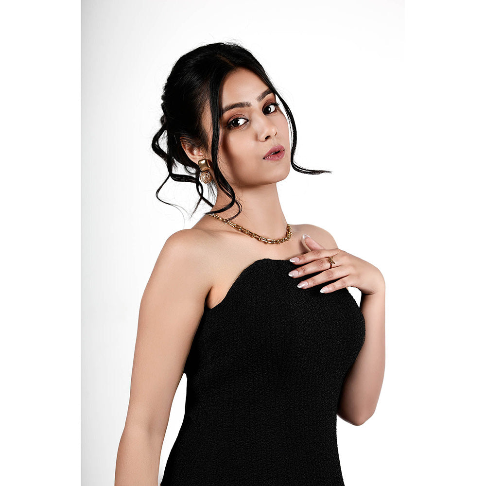 ROSA DAME Racc Black Cey Strapless Mini Dress with Gold Button Pocket Detailing