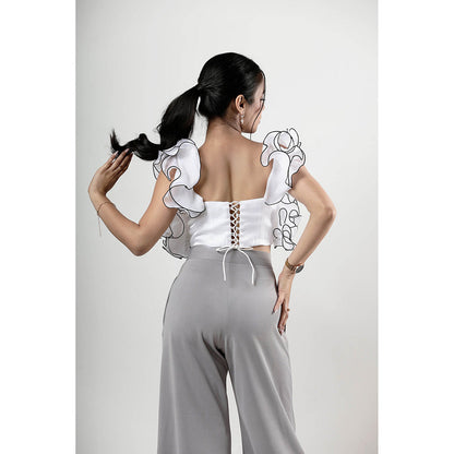 ROSA DAME White Organza Ruffle Crop Top