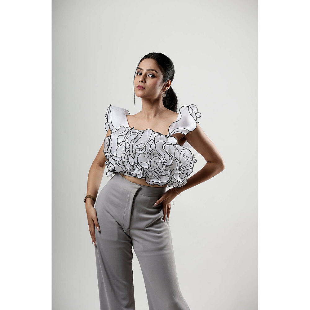 ROSA DAME White Organza Ruffle Crop Top