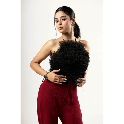 ROSA DAME Black Ruffled Tulle Backless Halter Top with Criss-Cross Tie Straps