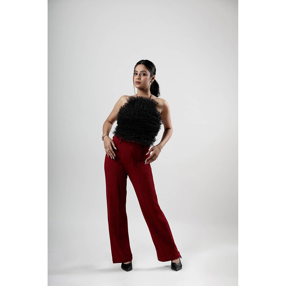 ROSA DAME Black Ruffled Tulle Backless Halter Top with Criss-Cross Tie Straps