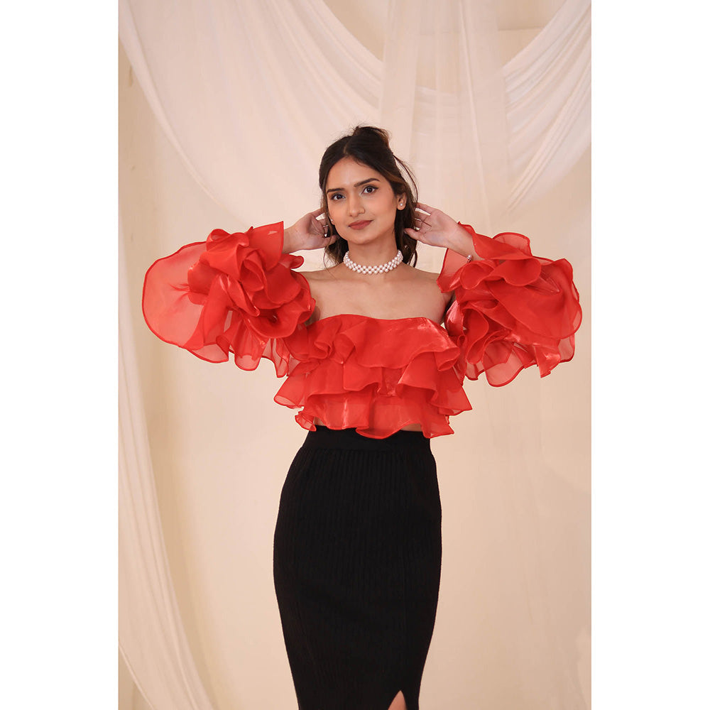 ROSA DAME Red Lunara Organza Ruffle Off-Shoulder Top with Tie-Back