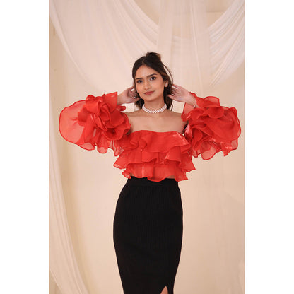 ROSA DAME Red Lunara Organza Ruffle Off-Shoulder Top with Tie-Back
