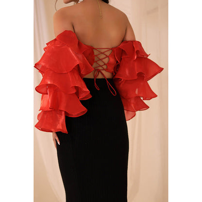 ROSA DAME Red Lunara Organza Ruffle Off-Shoulder Top with Tie-Back