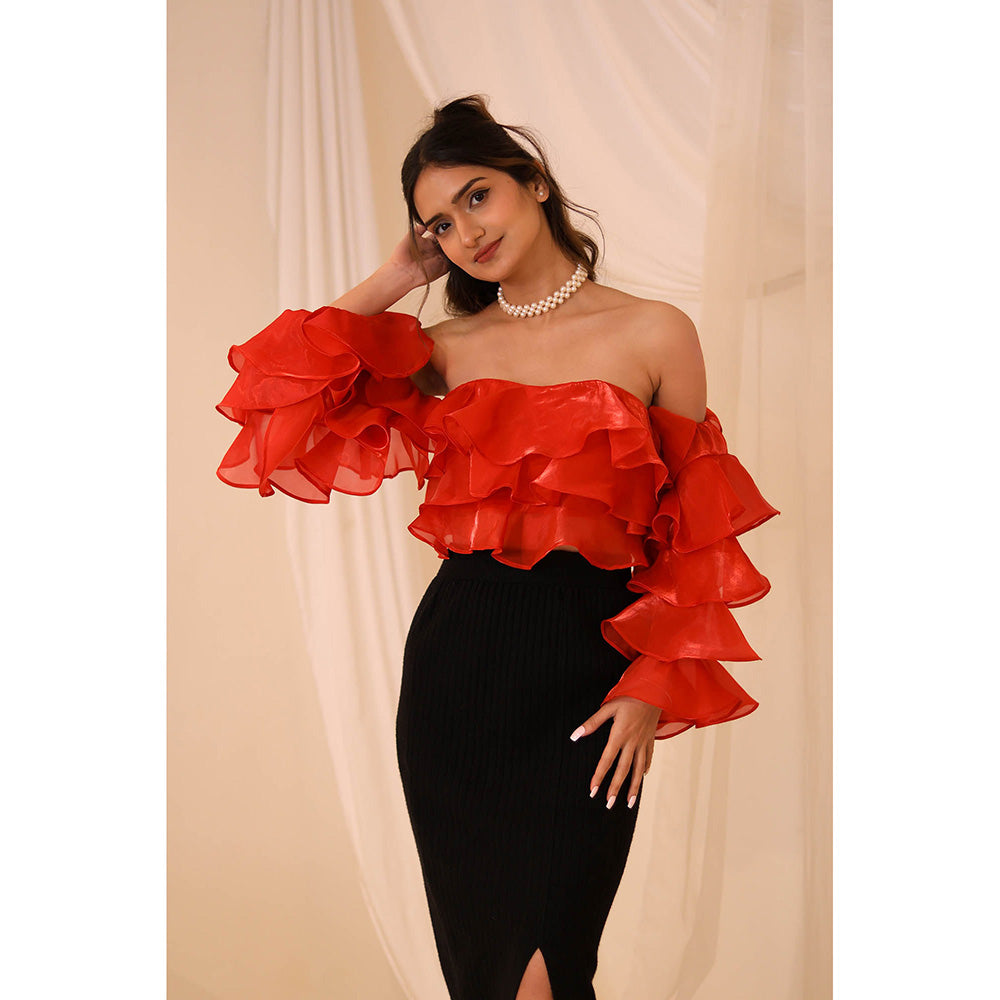 ROSA DAME Red Lunara Organza Ruffle Off-Shoulder Top with Tie-Back